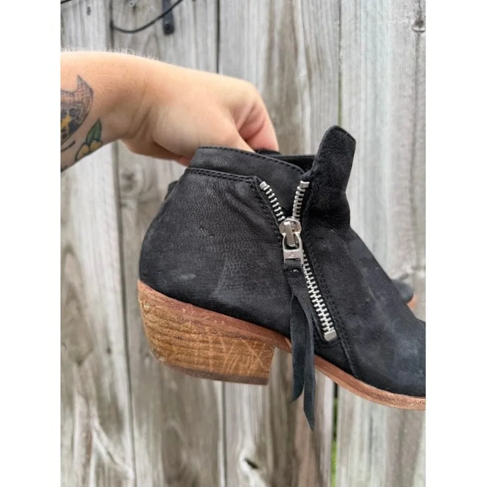 Western Boho Sam Edelman Petty Ankle Boot 7.5 Black Suede Side Zip Stacked Heel